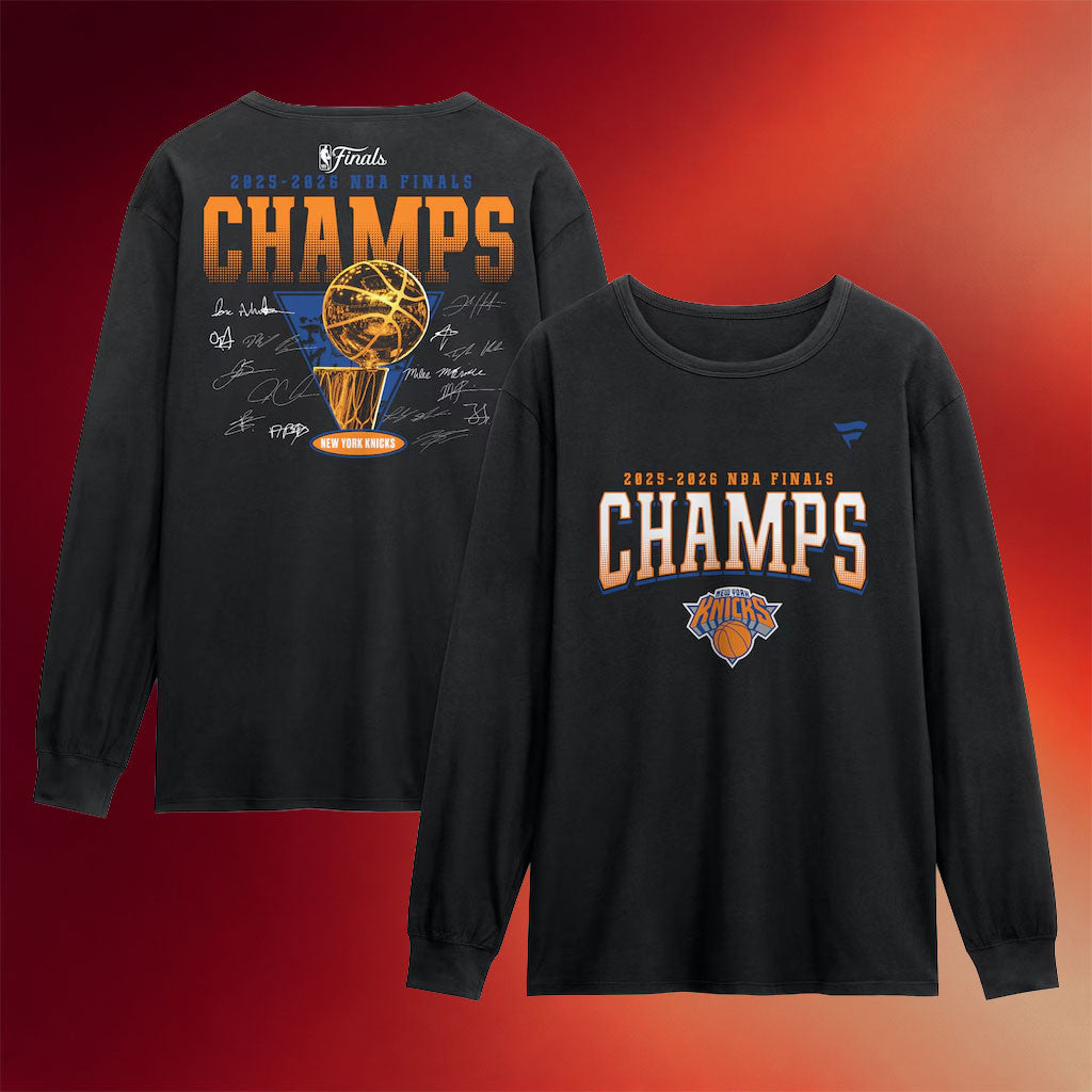 New York Knicks Champions Merch Knicks 2026 Finals Champions Roster Trophy Long Sleeve Shirt Black