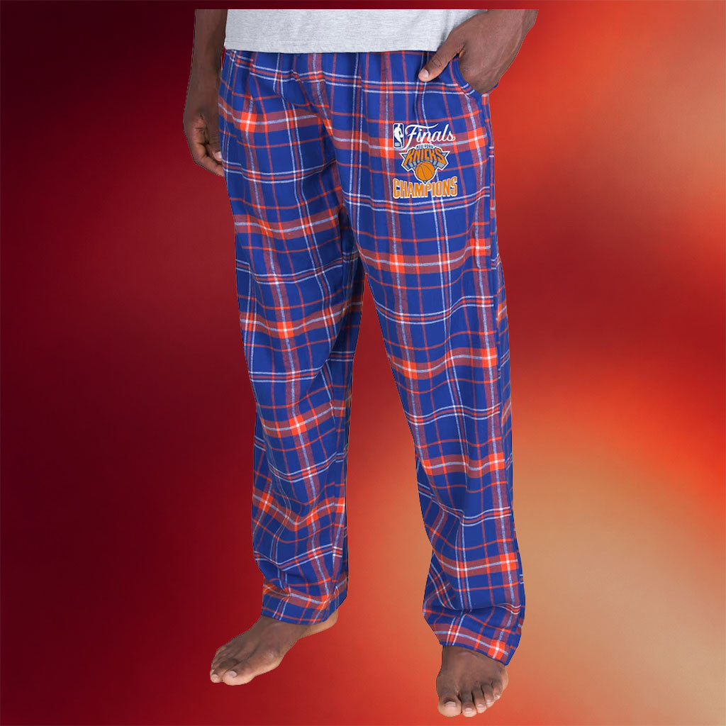 New York Knicks Champions Merch Knicks Blue Orange 2026 Finals Champions Plaid Flannel Sweatpants