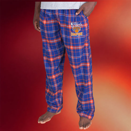 New York Knicks Champions Merch Knicks Blue Orange 2026 Finals Champions Plaid Flannel Sweatpants