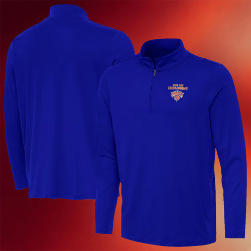 New York Knicks Champions Merch 2026 NY Knicks Antigua Finals Champions Quarter-Zip Shirt Blue