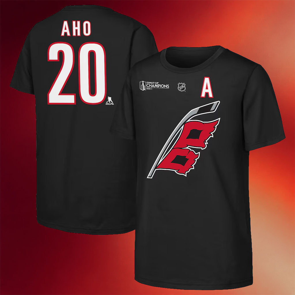 Carolina Hurricanes Champions Merch #20 Sebastian Aho 2026 Stanley Cup Champions T-Shirt Black