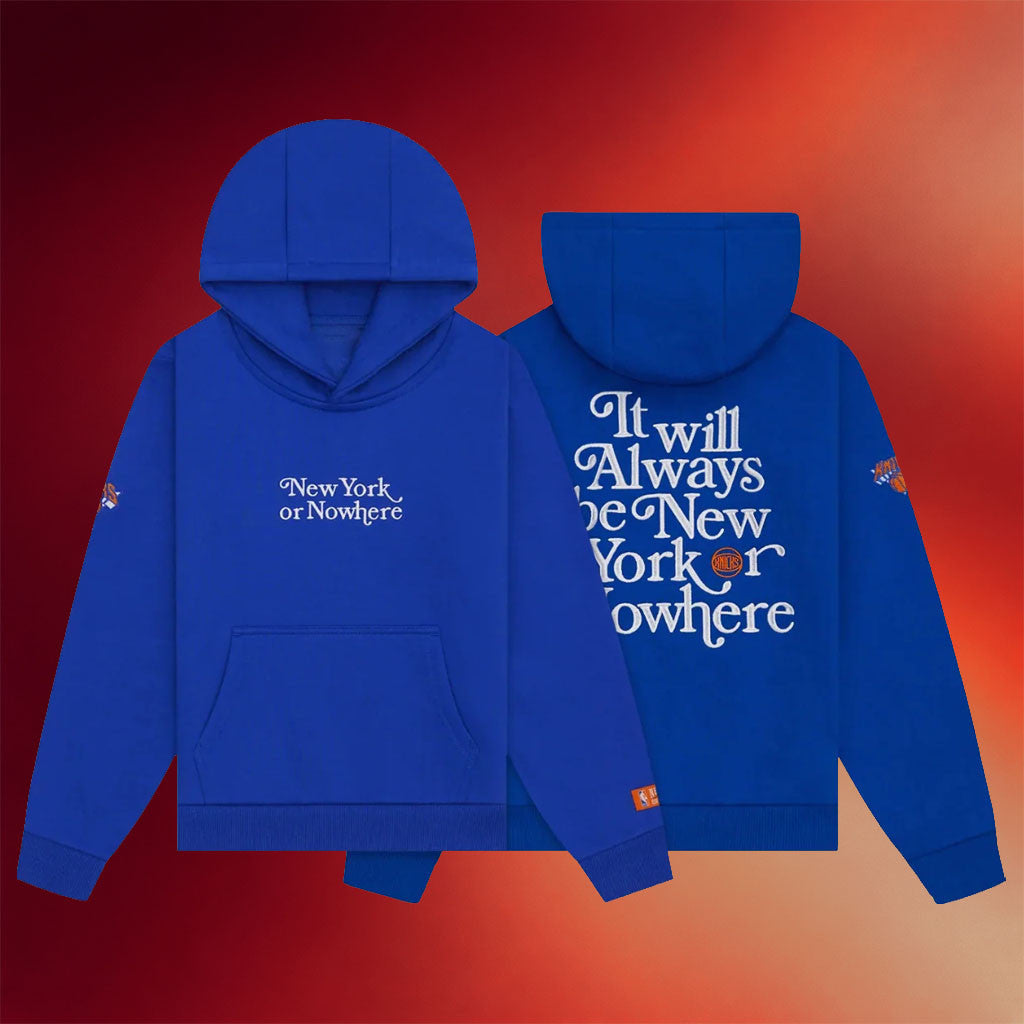 New York Or Nowhere Merch NYON X Knicks Motto Blue Hoodie Great Gifts For Basketball Fans