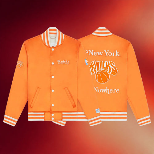 New York Or Nowhere Merch NYON X Knicks Give And Go Varsity Jacket Orange Gifts For Fans