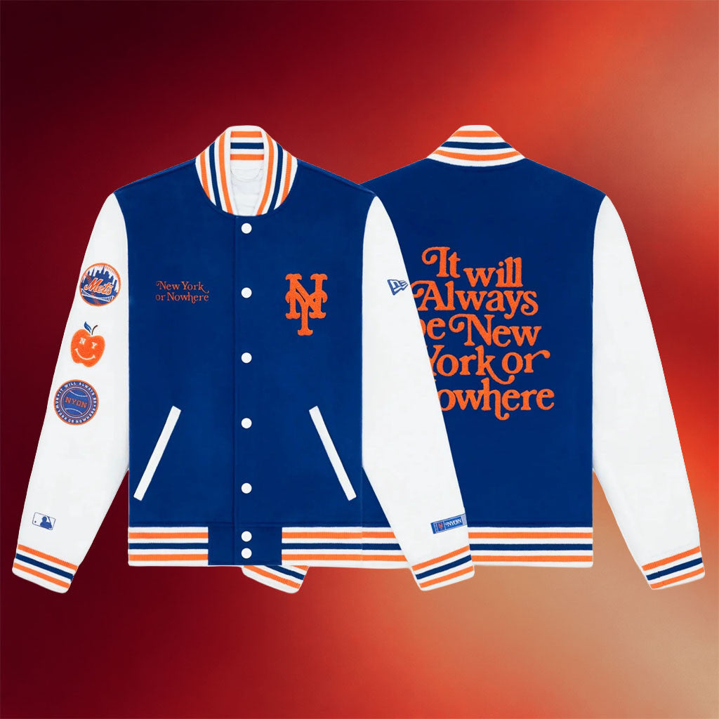 New York Or Nowhere Merch NYON X Mets Motto Varsity Jacket Baseball Fan Apparel Him Gifts