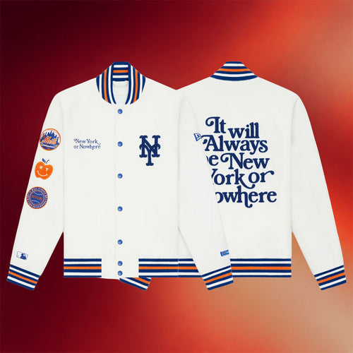 New York Or Nowhere Merch NYON X Mets Motto Varsity Jacket 2026 Baseball Fan Apparel White