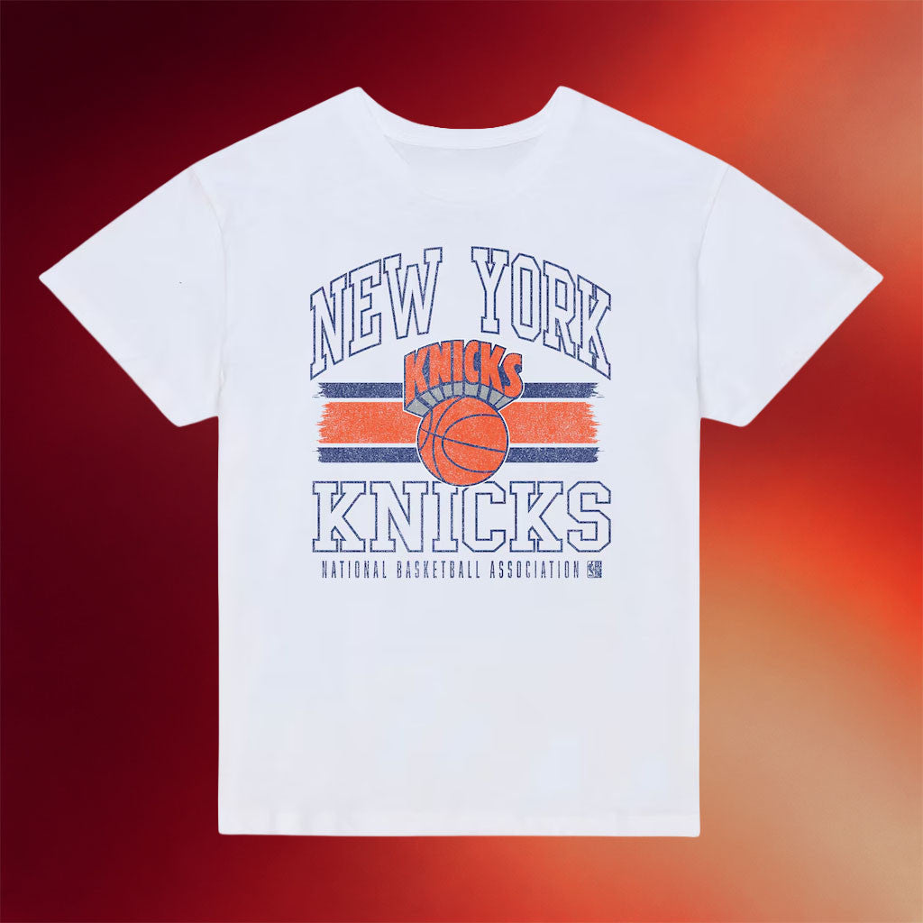 Mitchell And Ness NY Knicks Champions Merch 2026 New York Knicks Striped Logo T-Shirt White
