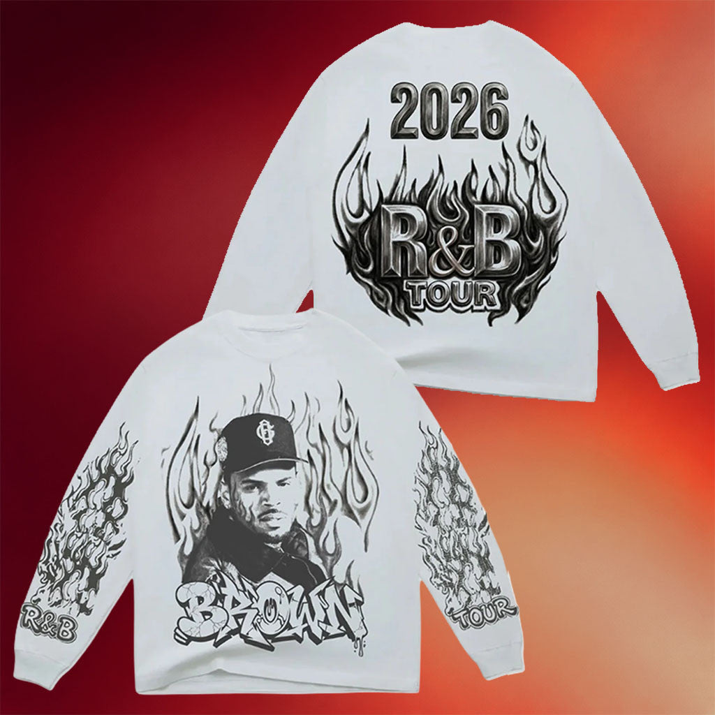 R&B Merch 2026 Chris Brown R&B Tour Flame White Long Sleeve Shirt Gift For Brother