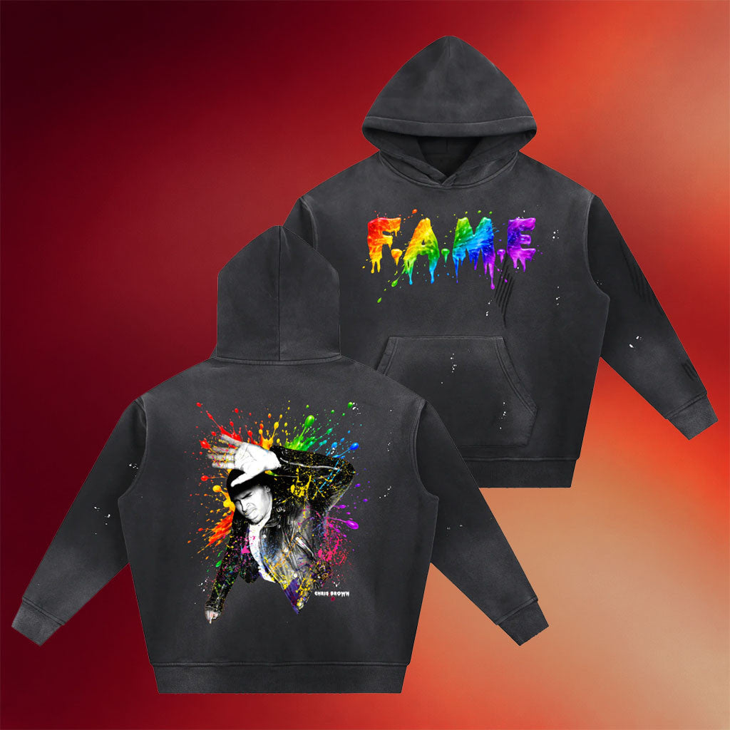 Chris Brown Merch 2026 FAME 15Th Anniversary Splatter Wash Hoodie Presents For Music Lovers