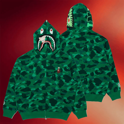 Stray Kids Merch 2026 BAPE X Stray Kids FoxINY Shark Full Zip Hoodie Stray Kids Green Camo Hoodie
