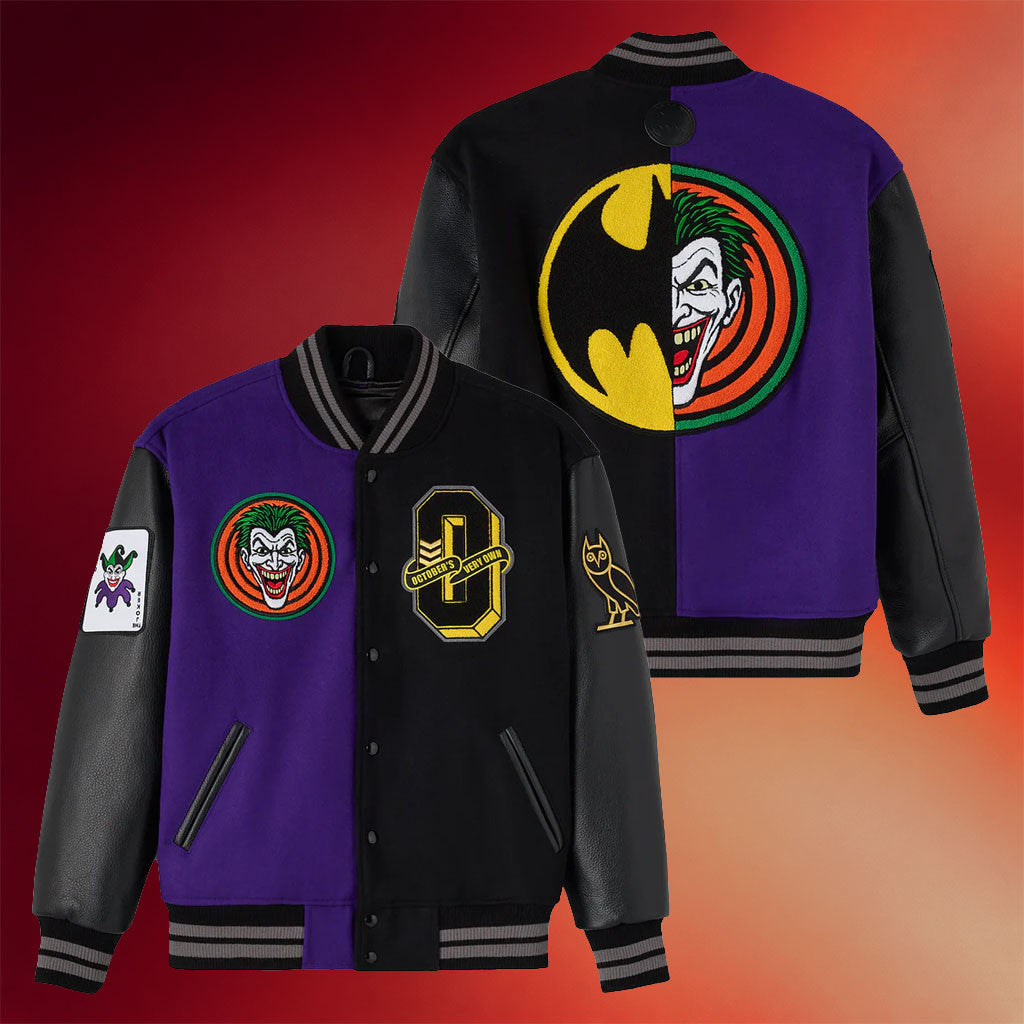 OVO Merch Batman X The Joker Split Varsity Jacket 2026 Black Gift For Boyfriend
