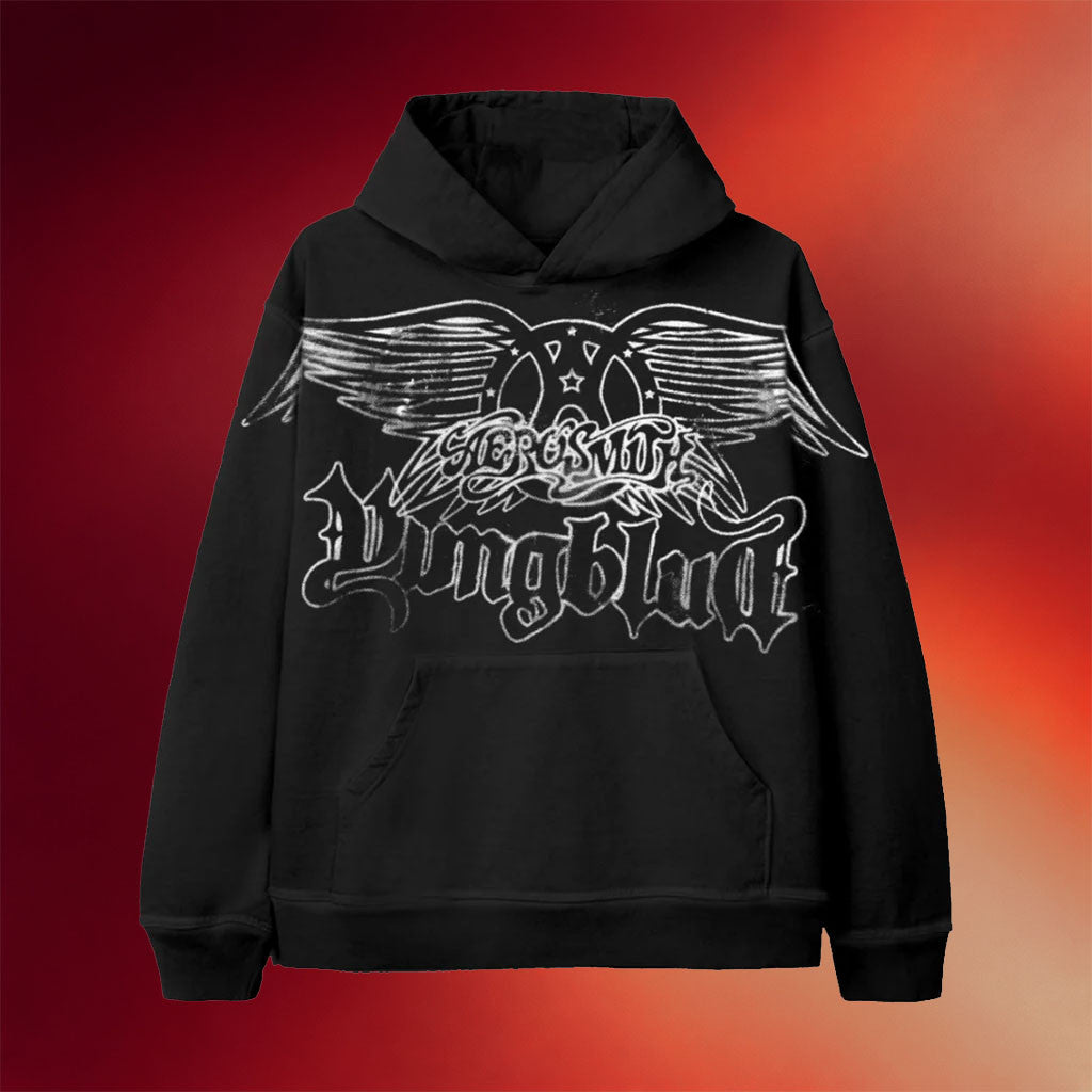 Yungblud Merch 2026 Yungblud X Aerosmith One More Time Black Logo Hoodie Gifts For Music Fans