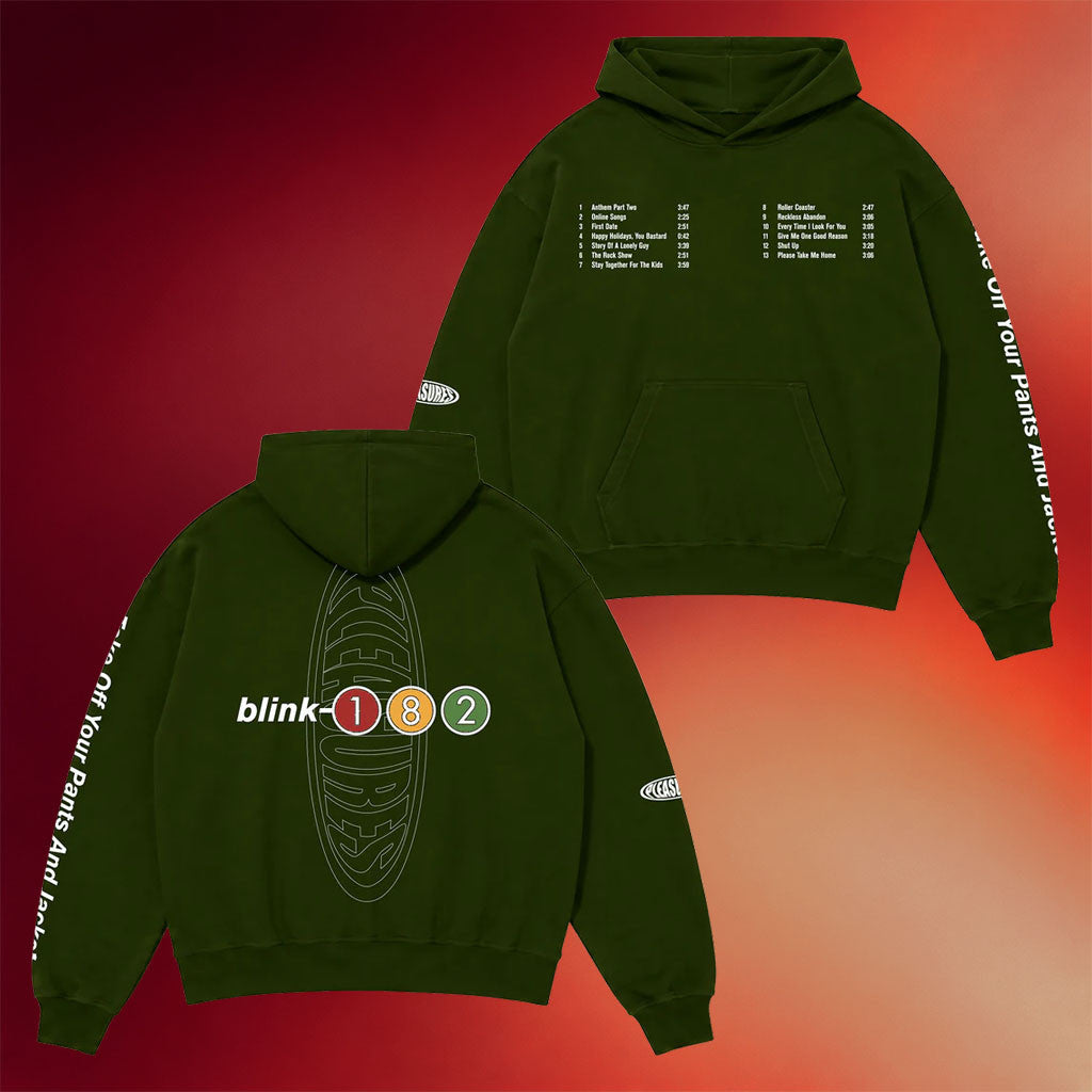 Blink 182 Merch 2026 PLEASURES X Blink 182 Oval Tracklist Hoodie Cool Gifts For Rock Lovers