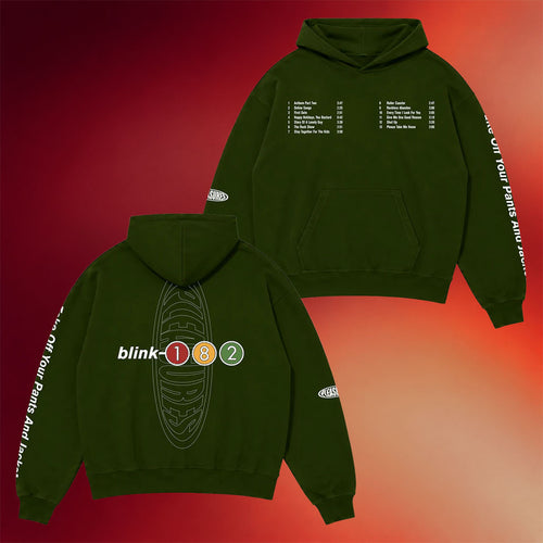Blink 182 Merch 2026 PLEASURES X Blink 182 Oval Tracklist Hoodie Cool Gifts For Rock Lovers