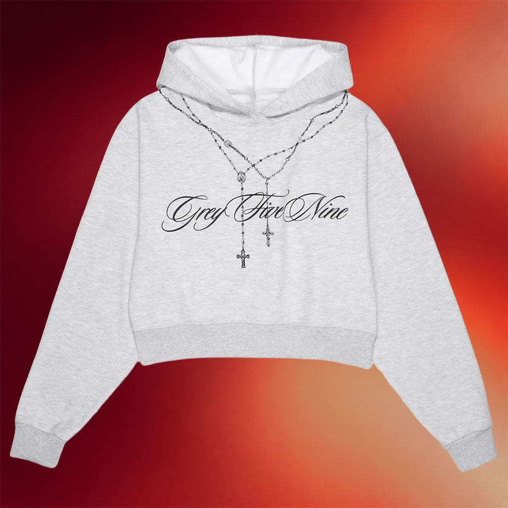 G59 Merch G59 Women's Rosary Cropped Hoodie Grey Five Nine Hoodie Birthday Gift For Sister