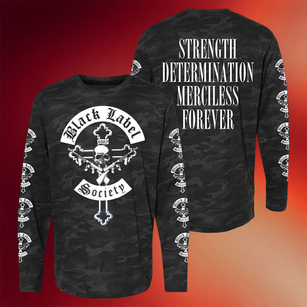 Black Label Society Merch Mafia Strength Determination Merciless Forever Camo Long Sleeve Shirt