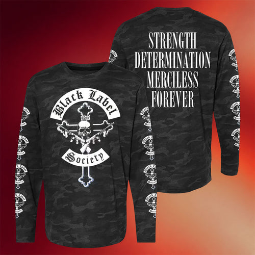 Black Label Society Merch Mafia Strength Determination Merciless Forever Camo Long Sleeve Shirt