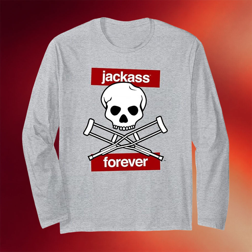 Jackass Merch 2026 Jackass Forever Red Skull And Crutches Warning Logo Long Sleeve T-Shirt