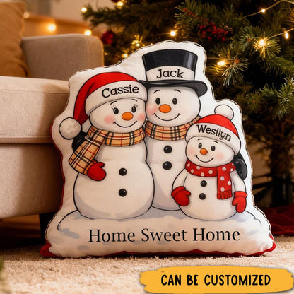 Personalized Family Pillow Graphic 3D Print Custom Names Cozy Holiday Decor with Snowman Family Design Soft Accent Cushion Perfect Gift