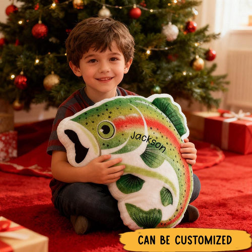 Personalized Fish Pillow Rainbow Trout Pillow Custom Name Graphic 3D Print Soft Plush Gift for Fishing Lovers Kids and Home Decor