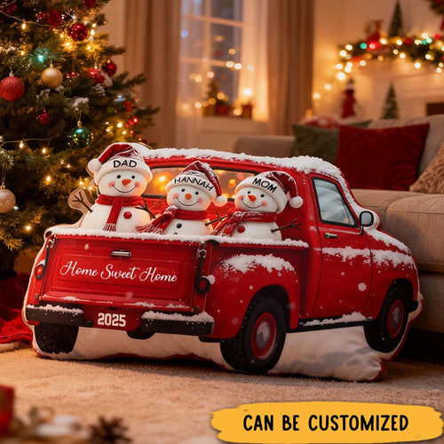 Personalized Holiday Pillow Graphic 3D Print Custom Family Names Cozy Christmas Decor with Festive Truck and Snowman Design Soft Accent Cushion