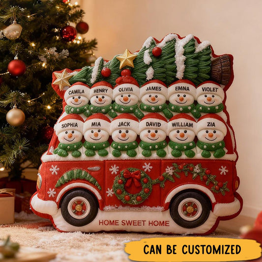 Personalized Christmas Pillow Graphic 3D Print Custom Family Names Cozy Holiday Decor with Snowman and Festive Bus Design Perfect Seasonal Gift Idea