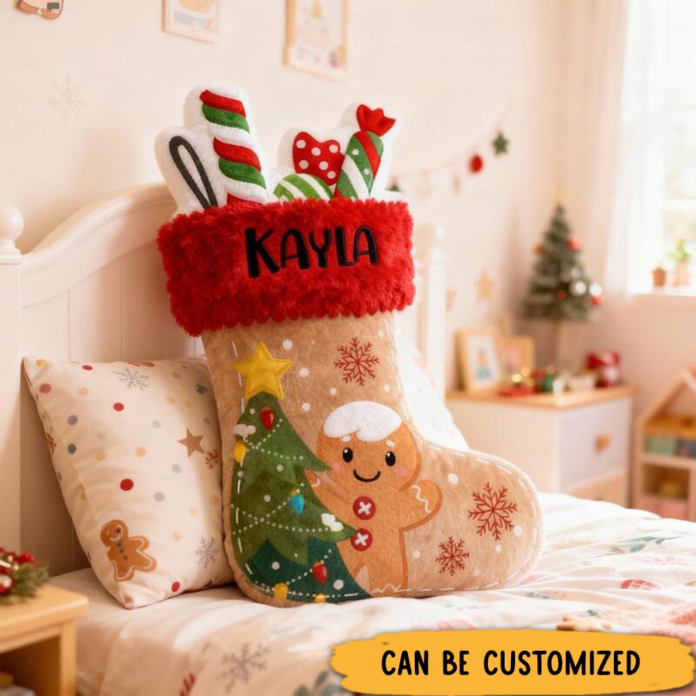 Personalized Cute Gingerbread Man Christmas Stocking with Name Graphic 3D Print Pillow Christmas Gift for Kids or Baby Birthday Gifts