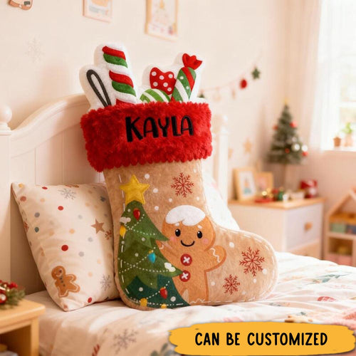 Personalized Cute Gingerbread Man Christmas Stocking with Name Graphic 3D Print Pillow Christmas Gift for Kids or Baby Birthday Gifts