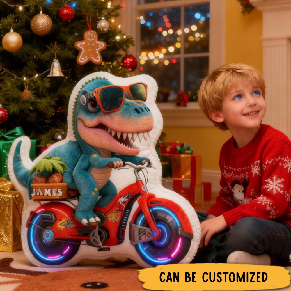 Personalized Dino Rider Bike Pillow Cozy Graphic 3D Print Cool Racing Biker Dino Pillow Name Pillow Comfortable Travel Cushion for Kids Boys Riding Lovers