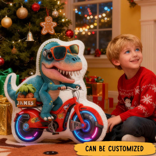 Personalized Dino Rider Bike Pillow Cozy Graphic 3D Print Cool Racing Biker Dino Pillow Name Pillow Comfortable Travel Cushion for Kids Boys Riding Lovers