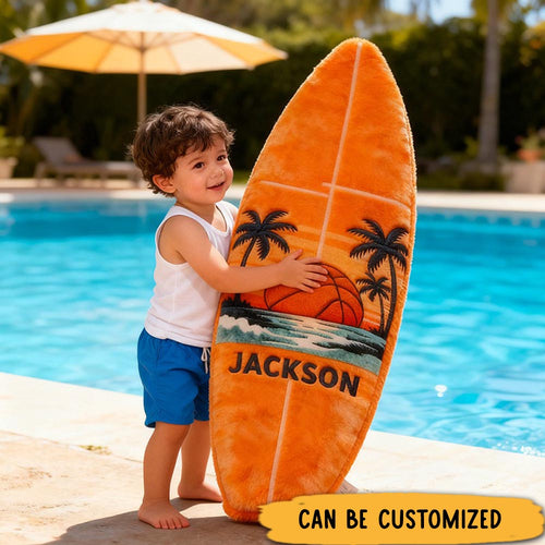 Personalized Surfboard Basketball Pillow with Custom Name for Beach Lovers and Basketball Lovers