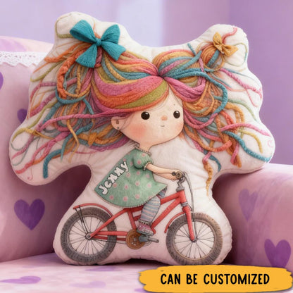 Personalized Quirky Girl Bike Pillow Rainbow Hair Cozy Graphic 3D Print Dreaming Princess Pillow Whimsical Girl Name Pillow Comfortable Travel Cushion for Kids Girls Riding Lovers
