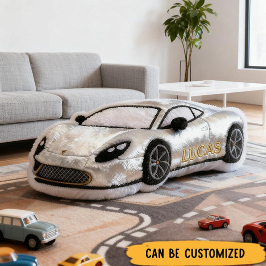 Personalized Silver Racing Car Pillow with Custom Name 3D Graphic Print Unique Cushion Gifts