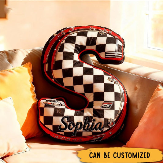 Personalized Racing Letter Pillow Custom Name Initial Shaped Cushion Checkered Flag Car Theme 3D Graphic Print Home Decor Gifts