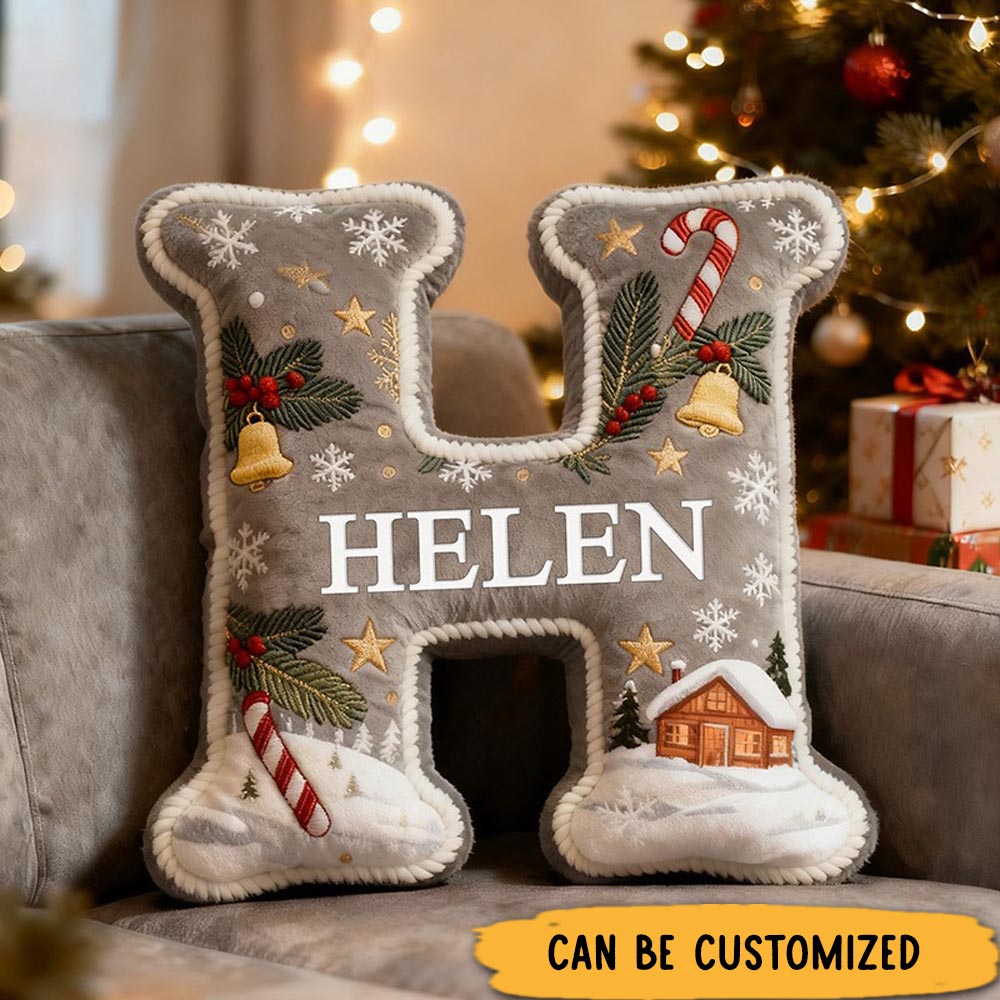 Personalized Christmas Initial Pillow Graphic 3D Print Custom Name Throw Pillow Holiday Decor Cozy Home Accent Soft Cushion Gift for Family and Kids