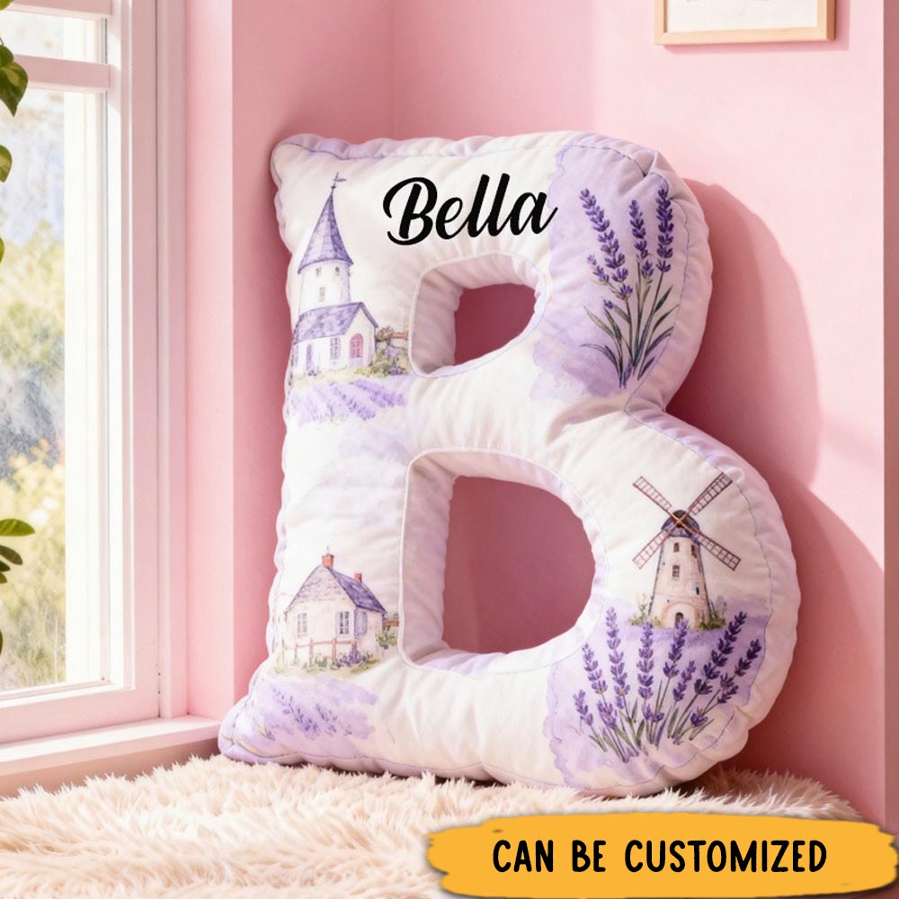 Personalized 26 Letter Pillow Graphic 3D Print Custom Name Cozy Home Decor with Lavender and Windmill Design Perfect Gift Idea for Any Room