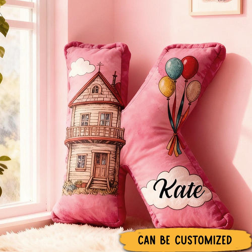 Personalized Letter Pillow Graphic 3D Print Custom Name Cozy Home Decor with Whimsical House and Balloons Design Letter-Shaped Cushion Fun Gift Idea