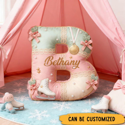 Personalized Graphic 3D Print Elegant Ice Skating Alphabet Shaped Pillow for Ice Skate Lovers Initial Pillow Christmas Gift for Kids