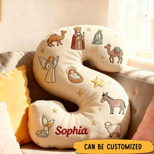 Personalized Christmas Nativity Ccene Letter Pillow with Custom Name Hoom Decor Christian Gift Baby Jesus Angel Shepherd Camel Donkey Graphic 3D Print