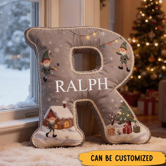 Personalized Gray Christmas Pillow Graphic 3D Print Custom Name Cozy Holiday Decor with Festive Elf and Christmas Tree Design Cushion Perfect Gift
