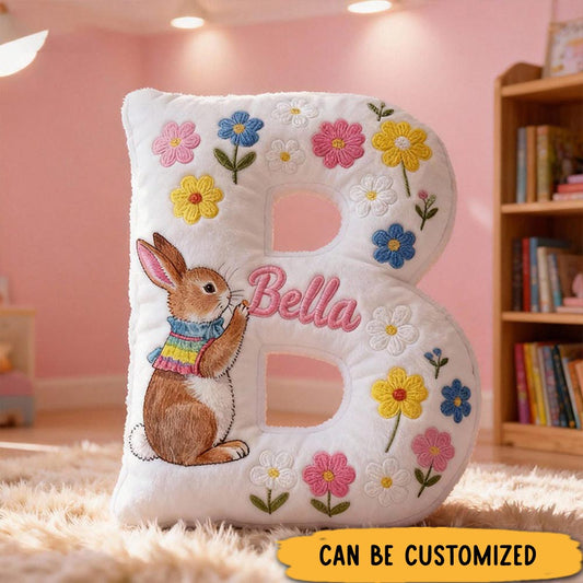 Personalized Flora Rabbit Letter Pillow Initial Flower Throw Pillow Custom Holiday Home Decor Letter Pillow for Flower Girl for Girl friend