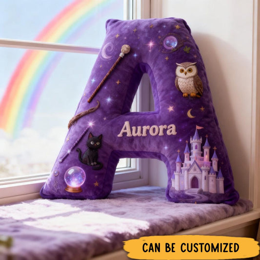 Personalized Magic Castle Letter Pillow Decorated with Magic Wands Owl Cat Graphic 3D Print Pillow for Kids and Magic Lovers