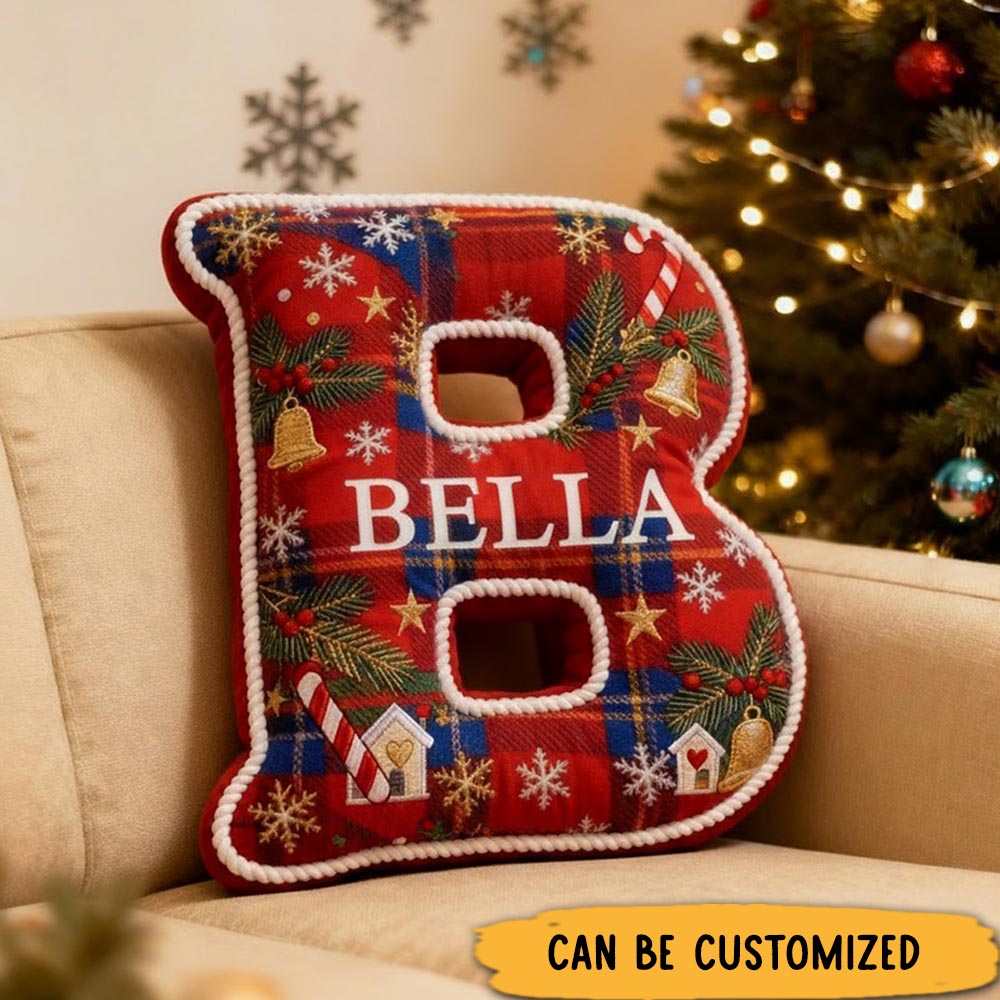 Personalized Christmas Initial Pillow Graphic 3D Print Custom Name Pillow Festive Holiday Decor Cozy Home Accent Soft Cushion Gift for Family