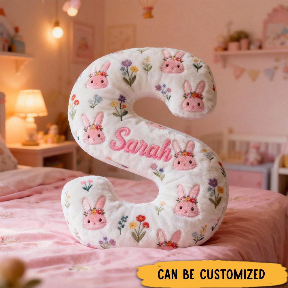 Personalized Flora Rabbit Letter Pillow Initial Flower Throw Pillow Custom Holiday Home Decor Letter Pillow for Girl friend for Boy Friend