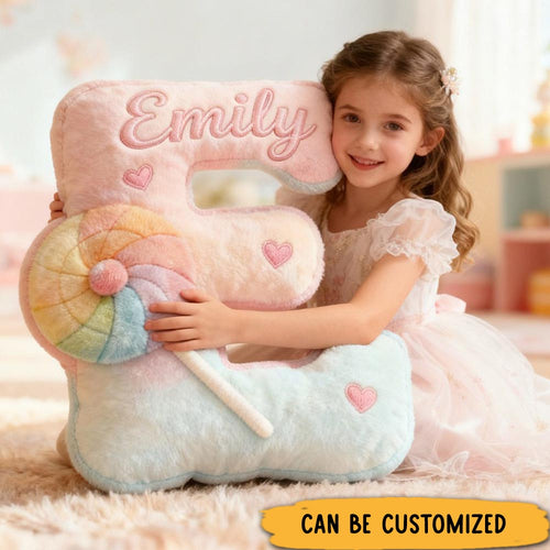 Personalized Flower Girl Pink Rainbow Lollipop Graphic 3D Printed Pillow Custom Girl friend Name Cushion Valentine_s Day Gift Christmas Gift for Her