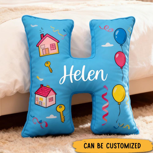 Personalized Blue Letter Pillow Graphic 3D Print Custom Name Design Soft Decorative Children_s Room Decoration
