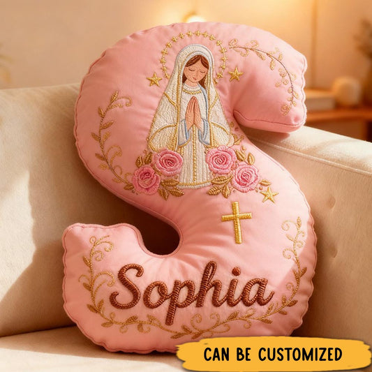 Personalized Virgin Mary Pink Letter Pillow with Custom Name Catholic Home Decor Religious Gift for Her Catholic Gift for Women Graphic 3D Print Pillow