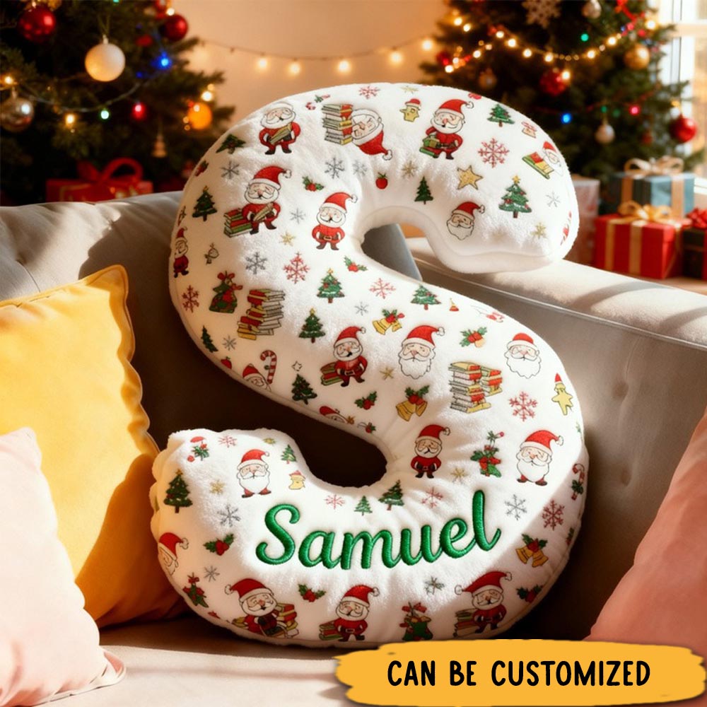 Personalized Santa Reading Books Alphabet Throw Pillow Santa Book Letter Pillow with Name Book Initial Pillow for Kids Boys Girls Book Lover Christmas Gift