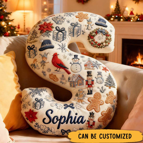 Personalized Couple Blue Toile de Jouy 26 Letter Christmas Pillow Custom Girl Friend Initials Graphic 3D Print Cushion First Christmas Gift for Her