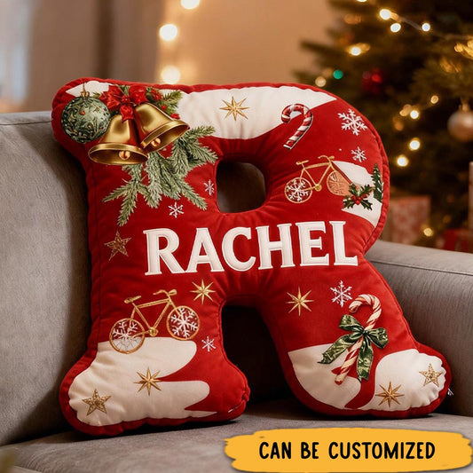 Personalized Red Christmas Letter Pillow Custom Name Festive Decor with Bicycle Snowflake Christmas Gifts for Family Graphic 3D Print Cycling Riding Lovers