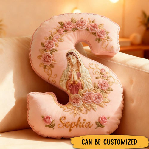 Personalized Virgin Mary Rose Pink Letter Pillow with Custom Name Graphic 3D Print Pillow Religious Home Decor Catholic Gift for Women